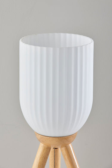 Natural Solid Wood Tripod Table Lamp With White Ribbed Glass Shade